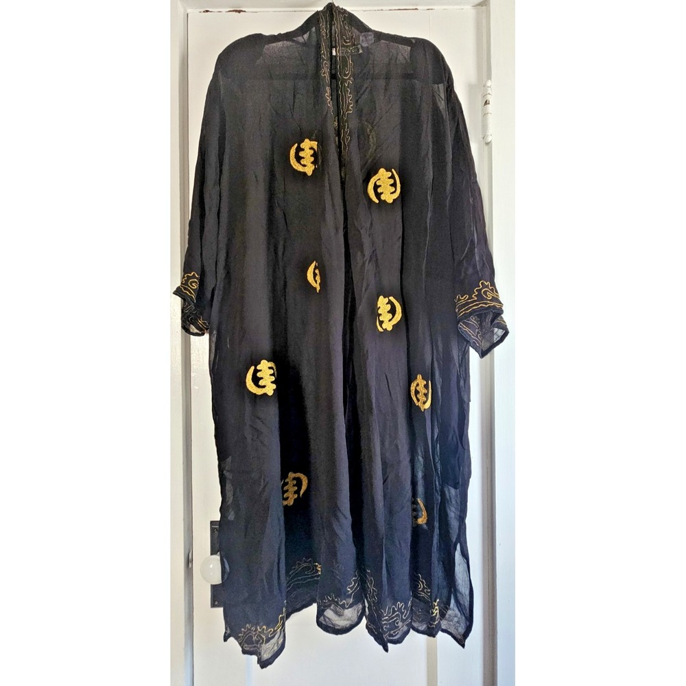 Vtg Pegasus gold Gye Nyame embroidery open front Kaftan kimono pockets O/S